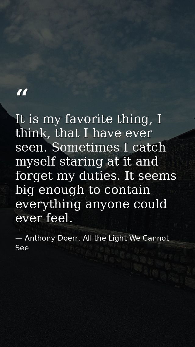 It is my favorite thing, I think, that I have ever seen. Sometimes I catch myself staring at it and forget my duties. It — Anthony Doerr, All the Light We Cannot See