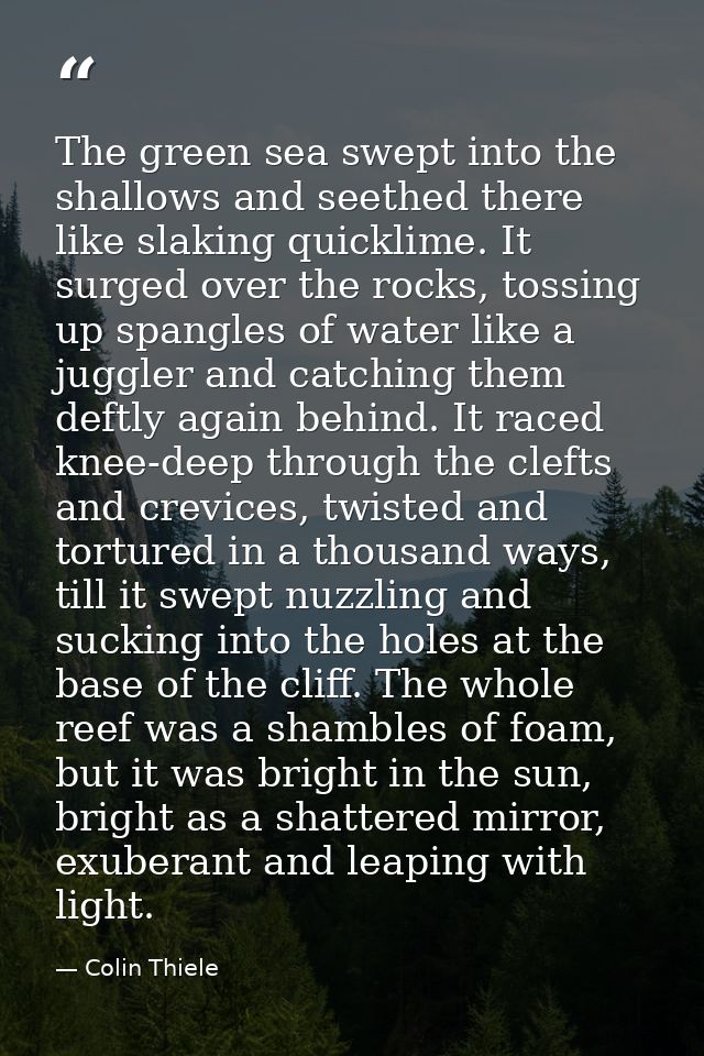 The green sea swept into the shallows and seethed there like slaking quicklime. It surged over the rocks, tossing up spa — Colin Thiele