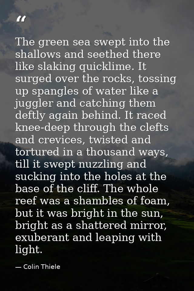 The green sea swept into the shallows and seethed there like slaking quicklime. It surged over the rocks, tossing up spa — Colin Thiele