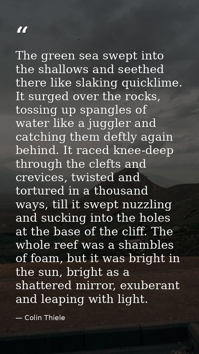 The green sea swept into the shallows and seethed there like slaking quicklime. It surged over the rocks, tossing up spa — Colin Thiele