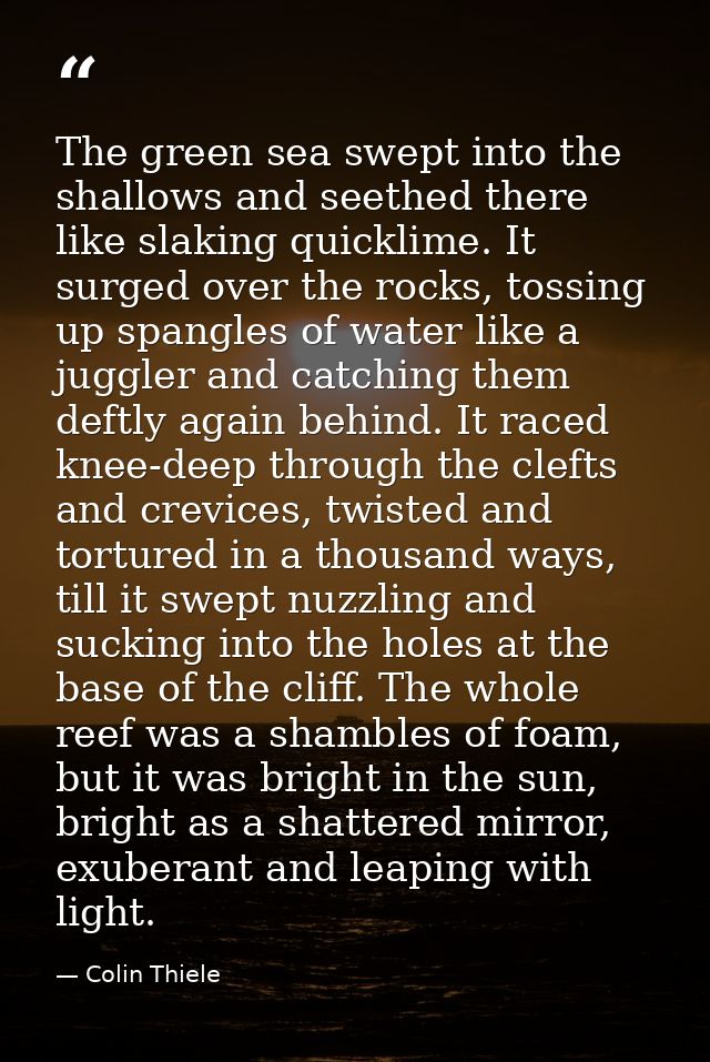 The green sea swept into the shallows and seethed there like slaking quicklime. It surged over the rocks, tossing up spa — Colin Thiele