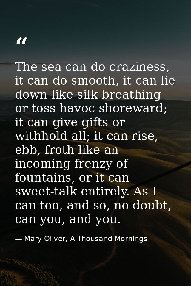 The sea can do craziness, it can do smooth, it can lie down like silk breathing or toss havoc shoreward; it can give gif — Mary Oliver, A Thousand Mornings