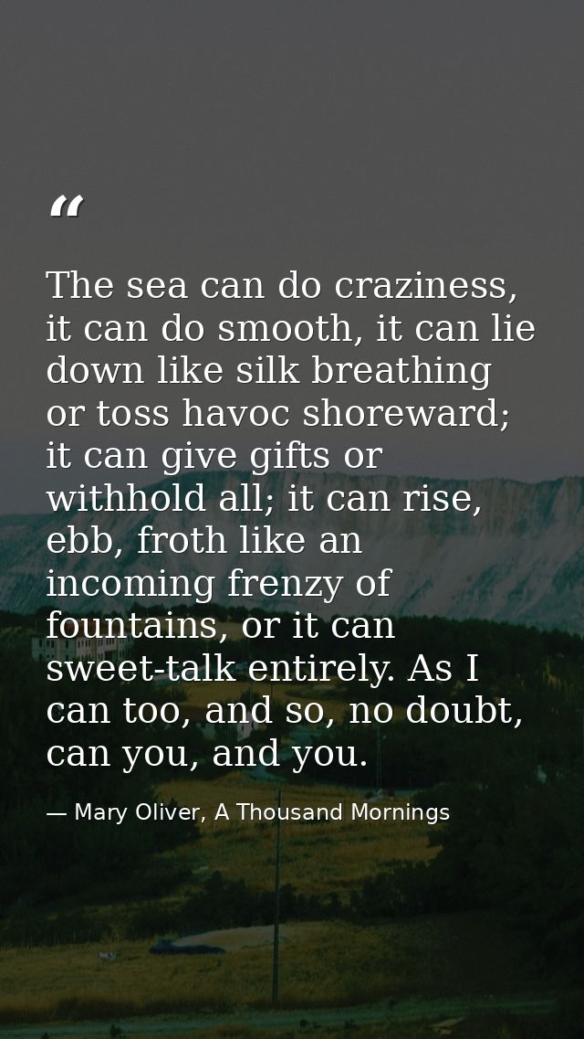The sea can do craziness, it can do smooth, it can lie down like silk breathing or toss havoc shoreward; it can give gif — Mary Oliver, A Thousand Mornings