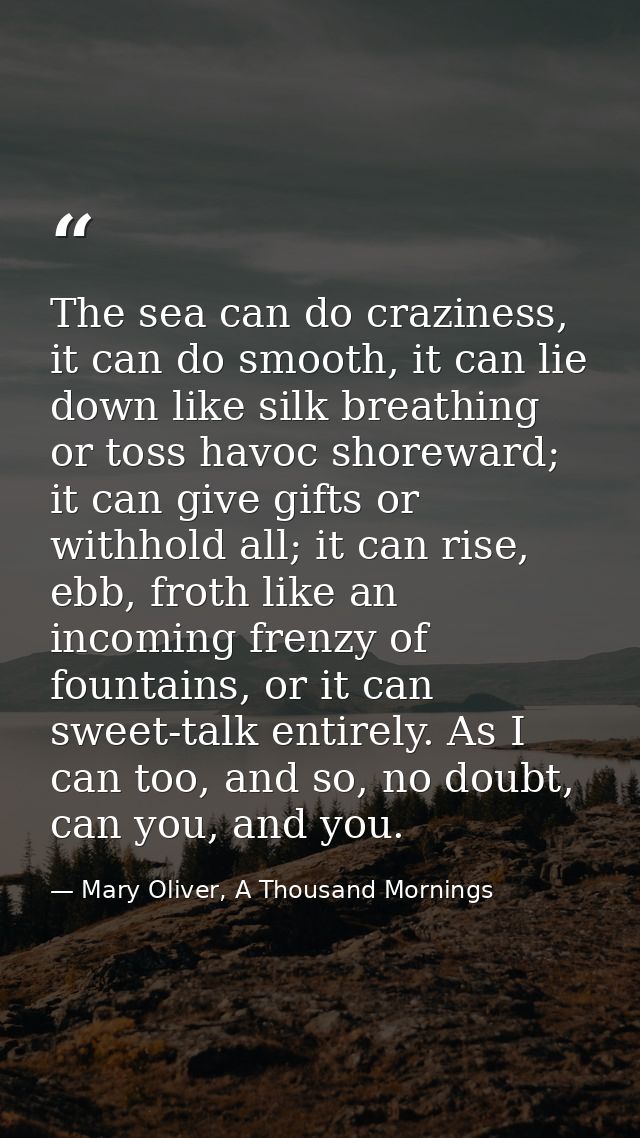 The sea can do craziness, it can do smooth, it can lie down like silk breathing or toss havoc shoreward; it can give gif — Mary Oliver, A Thousand Mornings