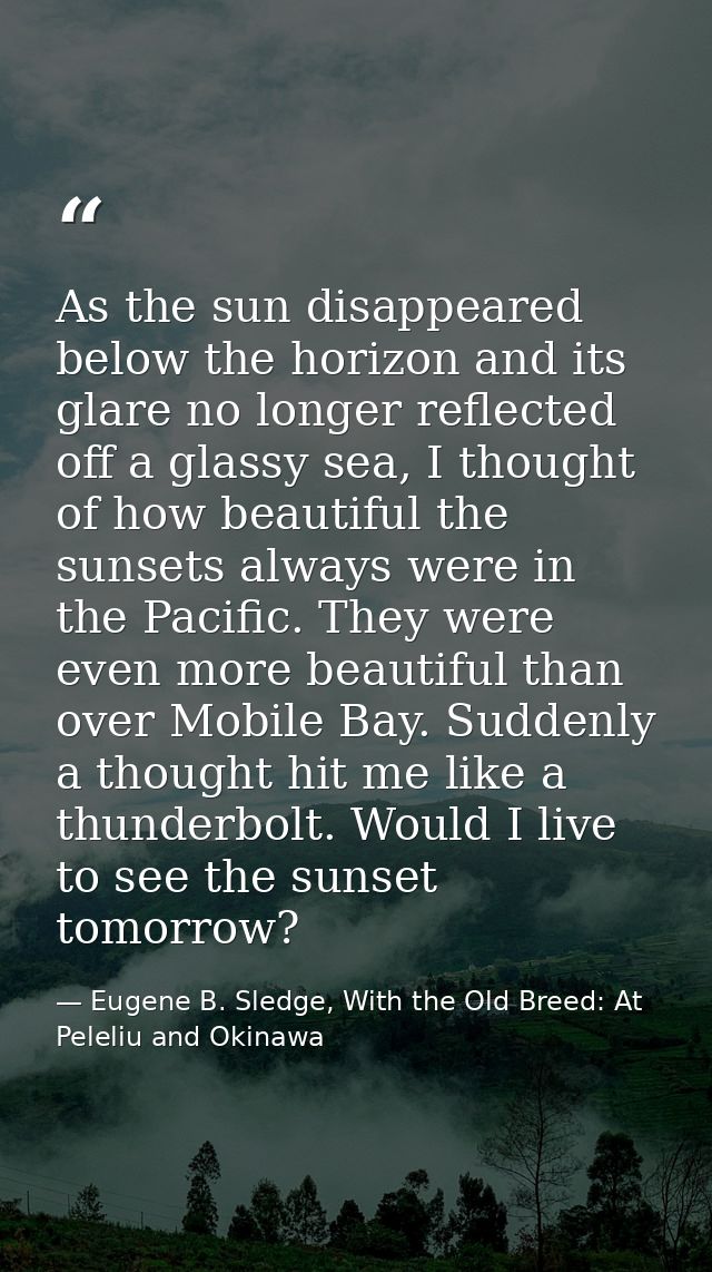 As the sun disappeared below the horizon and its glare no longer reflected off a glassy sea, I thought of how beautiful  — Eugene B. Sledge, With the Old Breed: At Peleliu and Okinawa