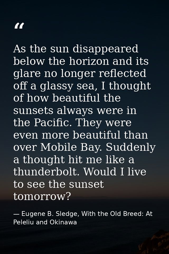 As the sun disappeared below the horizon and its glare no longer reflected off a glassy sea, I thought of how beautiful  — Eugene B. Sledge, With the Old Breed: At Peleliu and Okinawa