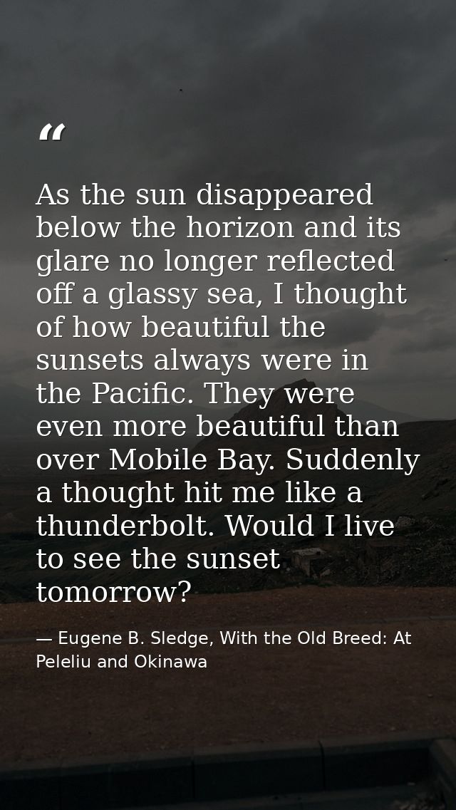 As the sun disappeared below the horizon and its glare no longer reflected off a glassy sea, I thought of how beautiful  — Eugene B. Sledge, With the Old Breed: At Peleliu and Okinawa