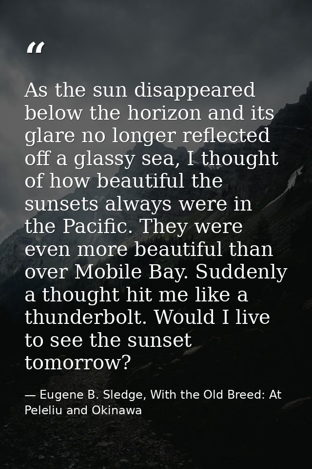 As the sun disappeared below the horizon and its glare no longer reflected off a glassy sea, I thought of how beautiful  — Eugene B. Sledge, With the Old Breed: At Peleliu and Okinawa
