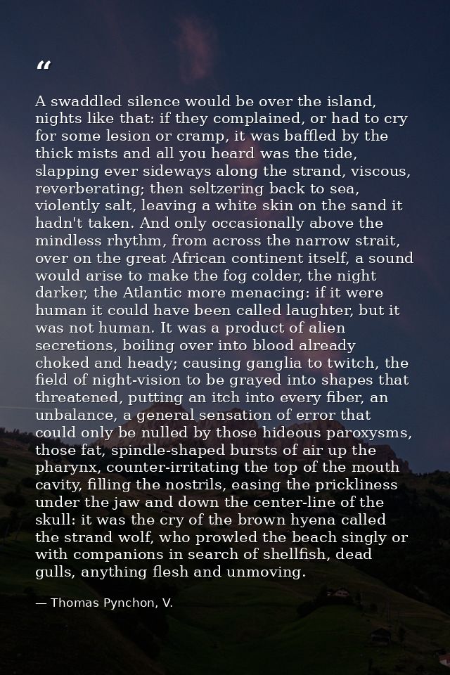 A swaddled silence would be over the island, nights like that: if they complained, or had to cry for some lesion or cram — Thomas Pynchon, V.