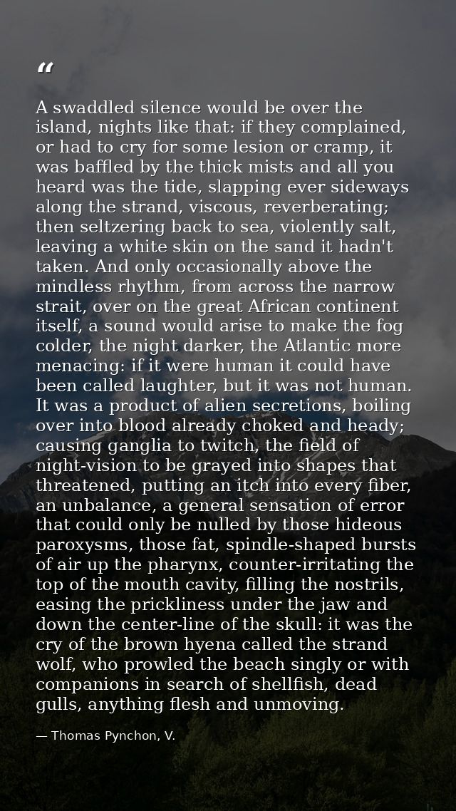 A swaddled silence would be over the island, nights like that: if they complained, or had to cry for some lesion or cram — Thomas Pynchon, V.