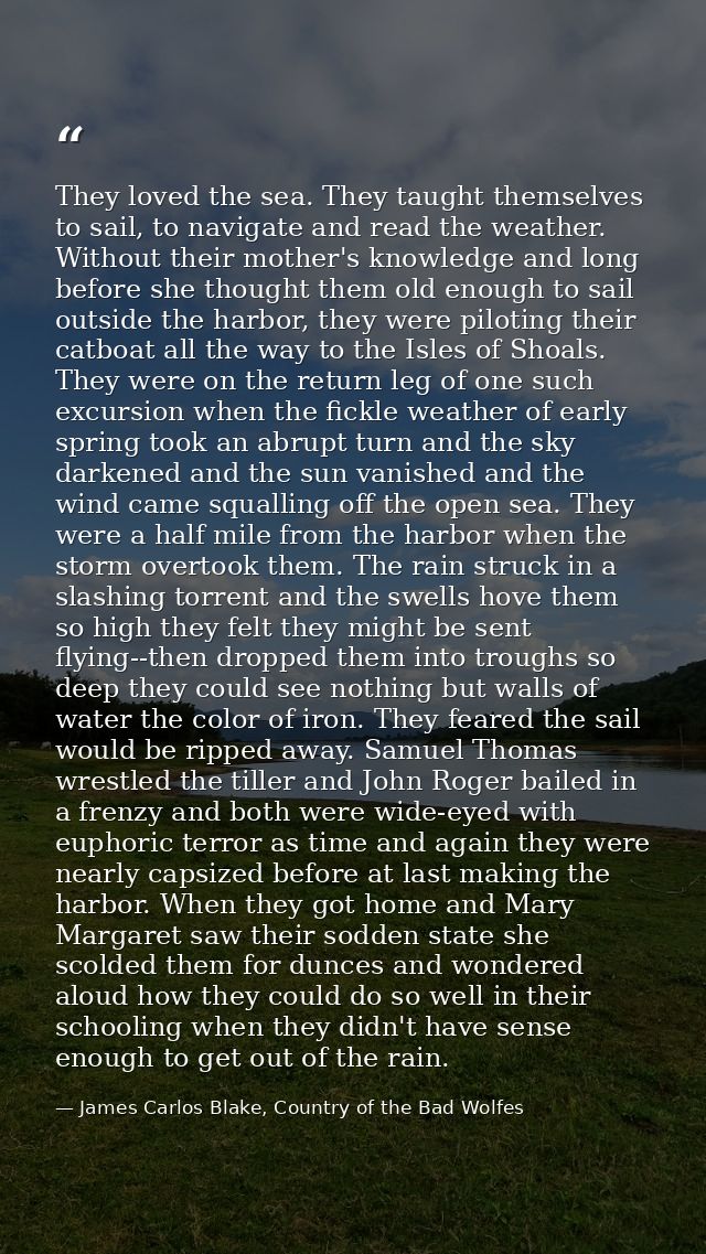 They loved the sea. They taught themselves to sail, to navigate and read the weather. Without their mother's knowledge a — James Carlos Blake, Country of the Bad Wolfes