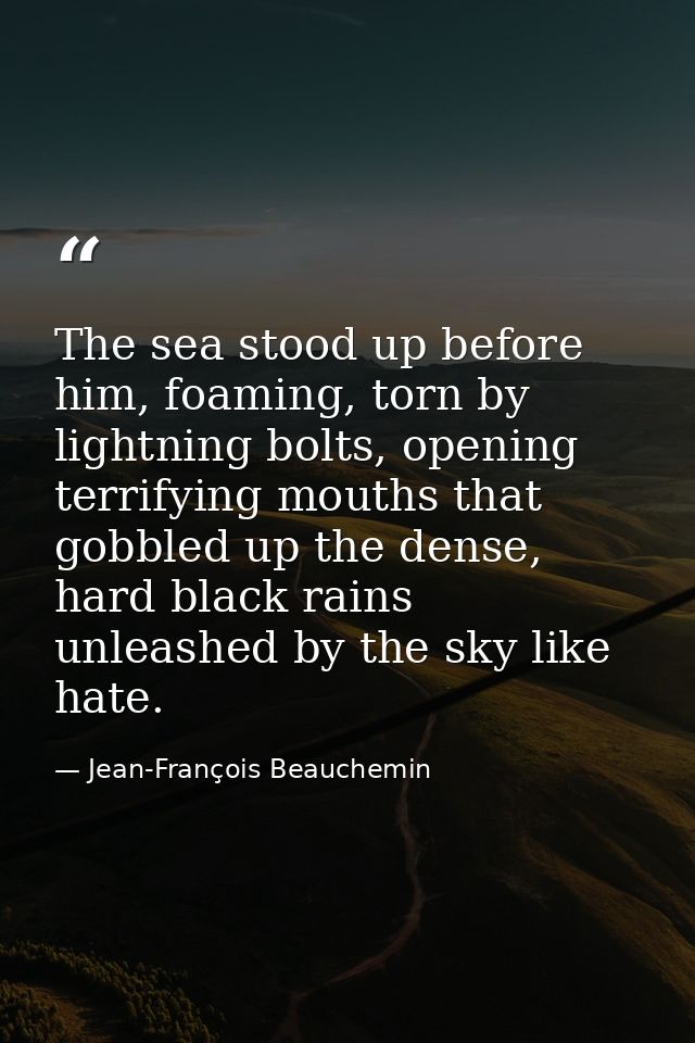 The sea stood up before him, foaming, torn by lightning bolts, opening terrifying mouths that gobbled up the dense, hard — Jean-François Beauchemin