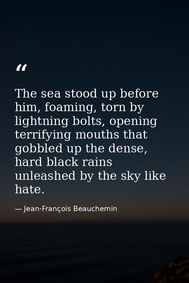 The sea stood up before him, foaming, torn by lightning bolts, opening terrifying mouths that gobbled up the dense, hard — Jean-François Beauchemin