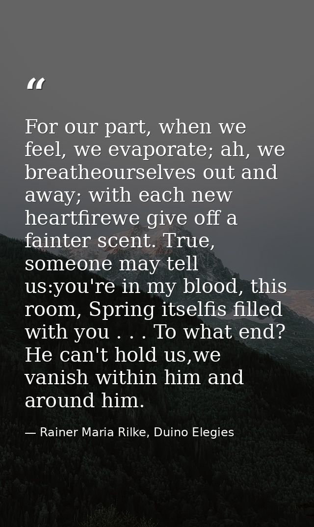 For our part, when we feel, we evaporate; ah, we breatheourselves out and away; with each new heartfirewe give off a fai — Rainer Maria Rilke, Duino Elegies