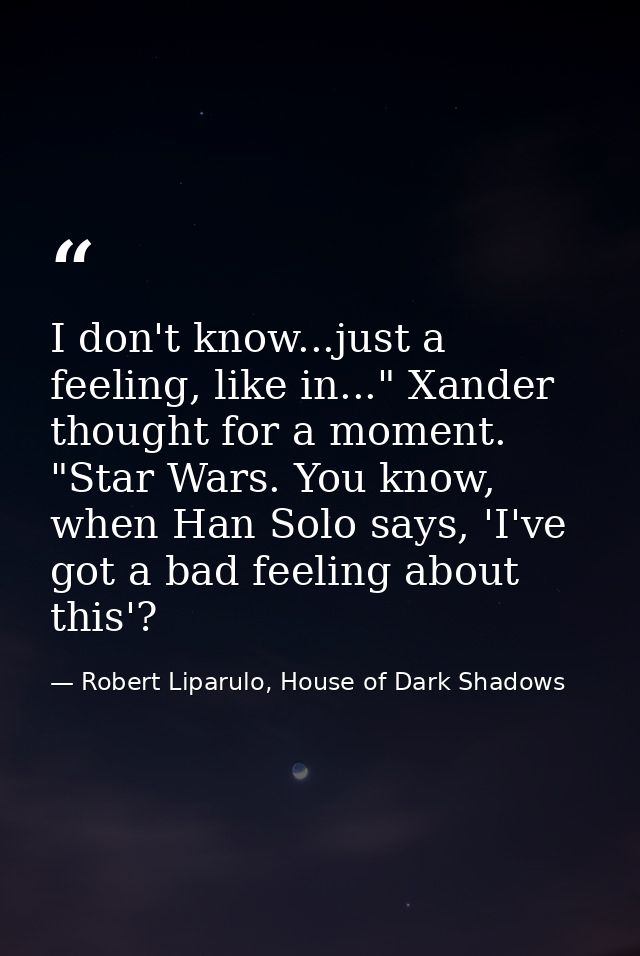 I don't know...just a feeling, like in..." Xander thought for a moment. "Star Wars. You know, when Han Solo says, 'I've  — Robert Liparulo, House of Dark Shadows