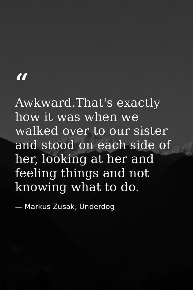 Awkward.That's exactly how it was when we walked over to our sister and stood on each side of her, looking at her and fe — Markus Zusak, Underdog
