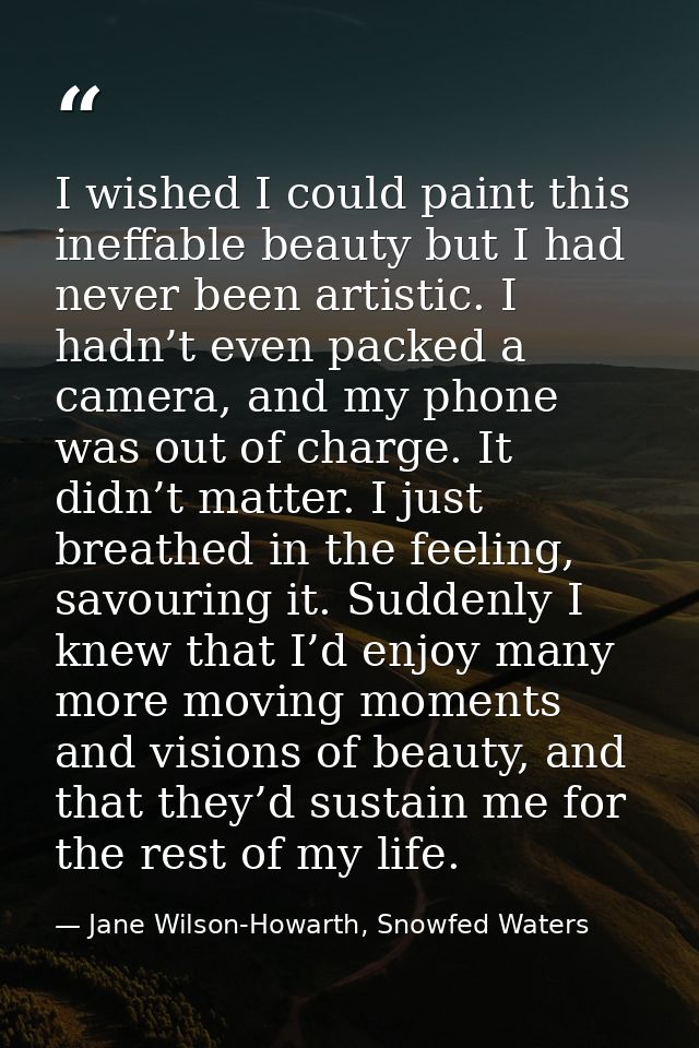 I wished I could paint this ineffable beauty but I had never been artistic. I hadn’t even packed a camera, and my phone  — Jane Wilson-Howarth, Snowfed Waters