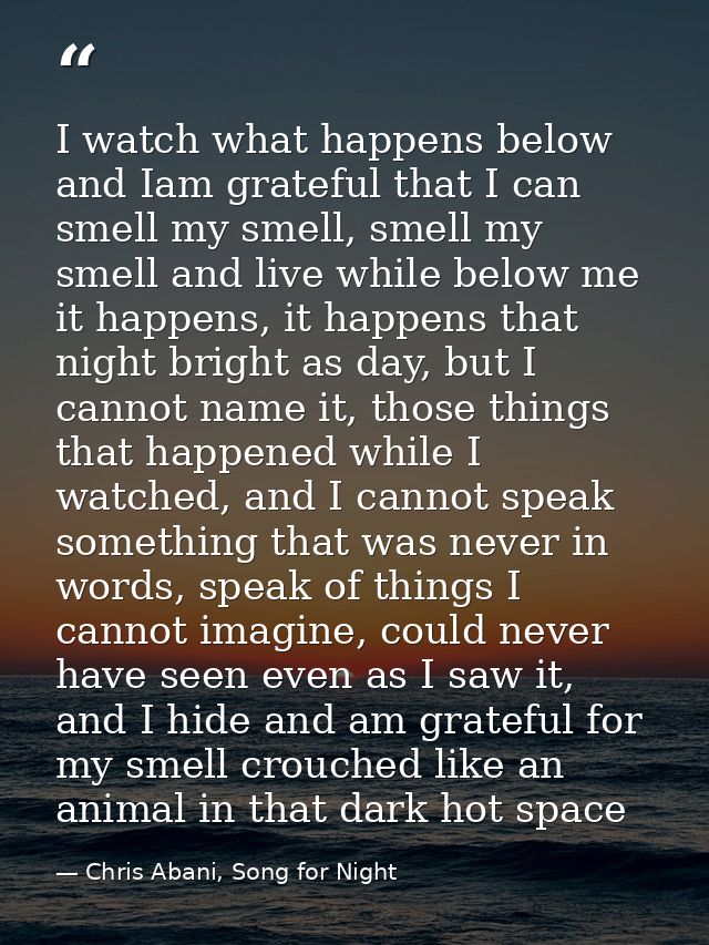 I watch what happens below and Iam grateful that I can smell my smell, smell my smell and live while below me it happens — Chris Abani, Song for Night