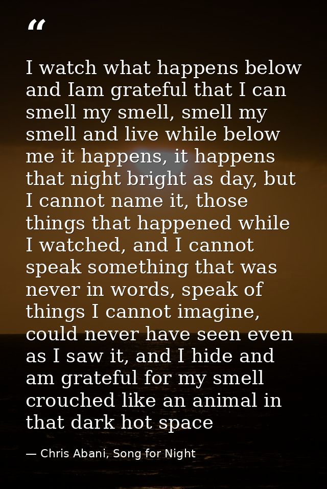 I watch what happens below and Iam grateful that I can smell my smell, smell my smell and live while below me it happens — Chris Abani, Song for Night