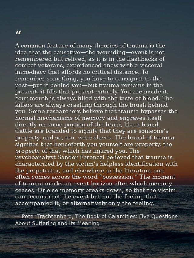 A common feature of many theories of trauma is the idea that the causative—the wounding—event is not remembered but reli — Peter Trachtenberg, The Book of Calamities: Five Questions About Suffering and Its Meaning