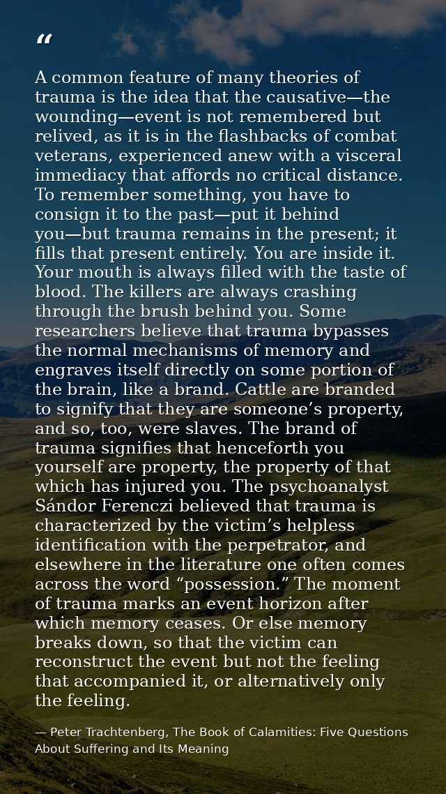 A common feature of many theories of trauma is the idea that the causative—the wounding—event is not remembered but reli — Peter Trachtenberg, The Book of Calamities: Five Questions About Suffering and Its Meaning