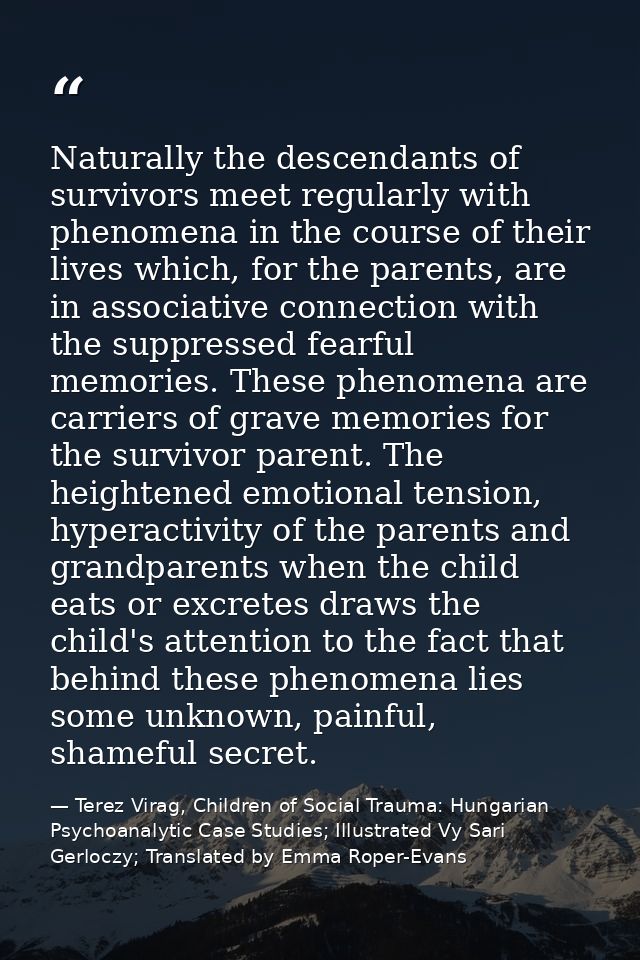 Naturally the descendants of survivors meet regularly with phenomena in the course of their lives which, for the parents — Terez Virag, Children of Social Trauma: Hungarian Psychoanalytic Case Studies; Illustrated Vy Sari Gerloczy; Translated by Emma Roper-Evans