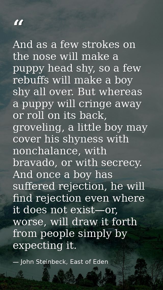 And as a few strokes on the nose will make a puppy head shy, so a few rebuffs will make a boy shy all over. But whereas  — John Steinbeck, East of Eden