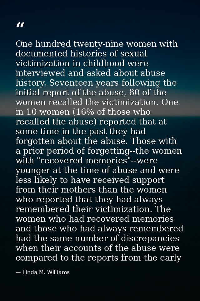 One hundred twenty-nine women with documented histories of sexual victimization in childhood were interviewed and asked  — Linda M. Williams