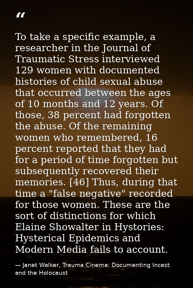 To take a specific example, a researcher in the Journal of Traumatic Stress interviewed 129 women with documented histor — Janet Walker, Trauma Cinema: Documenting Incest and the Holocaust