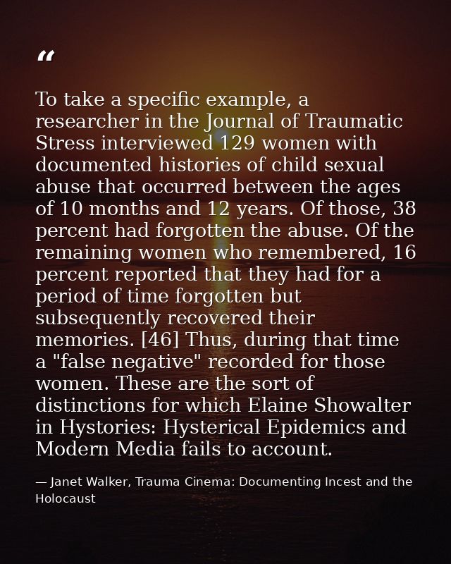 To take a specific example, a researcher in the Journal of Traumatic Stress interviewed 129 women with documented histor — Janet Walker, Trauma Cinema: Documenting Incest and the Holocaust