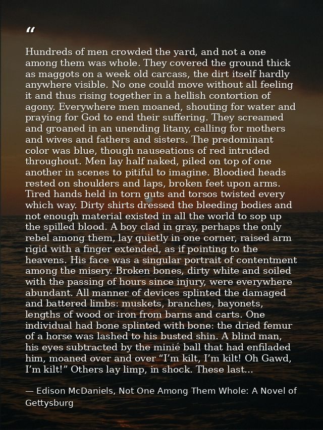 Hundreds of men crowded the yard, and not a one among them was whole. They covered the ground thick as maggots on a week — Edison McDaniels, Not One Among Them Whole: A Novel of Gettysburg