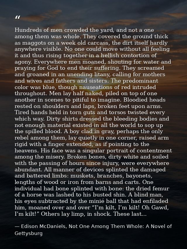 Hundreds of men crowded the yard, and not a one among them was whole. They covered the ground thick as maggots on a week — Edison McDaniels, Not One Among Them Whole: A Novel of Gettysburg