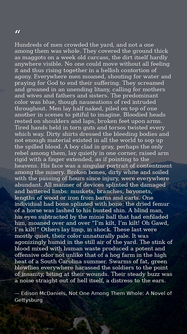 Hundreds of men crowded the yard, and not a one among them was whole. They covered the ground thick as maggots on a week — Edison McDaniels, Not One Among Them Whole: A Novel of Gettysburg