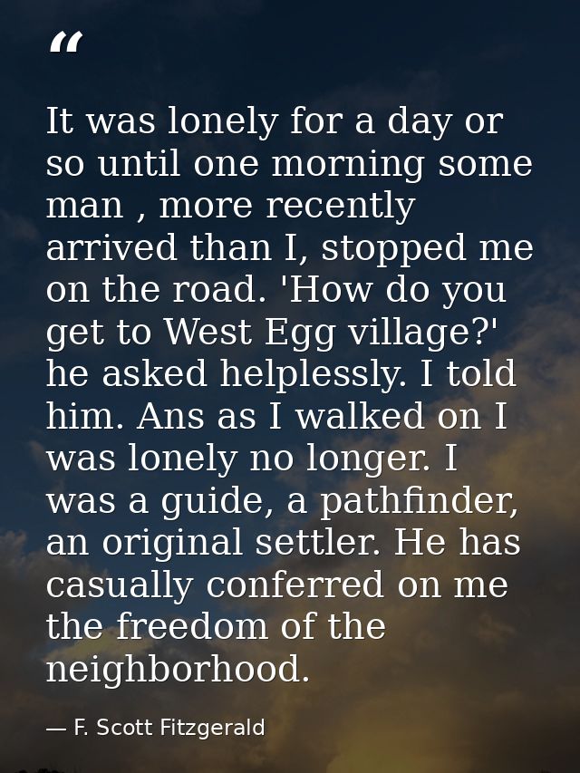 It was lonely for a day or so until one morning some man , more recently arrived than I, stopped me on the road. 'How do — F. Scott Fitzgerald