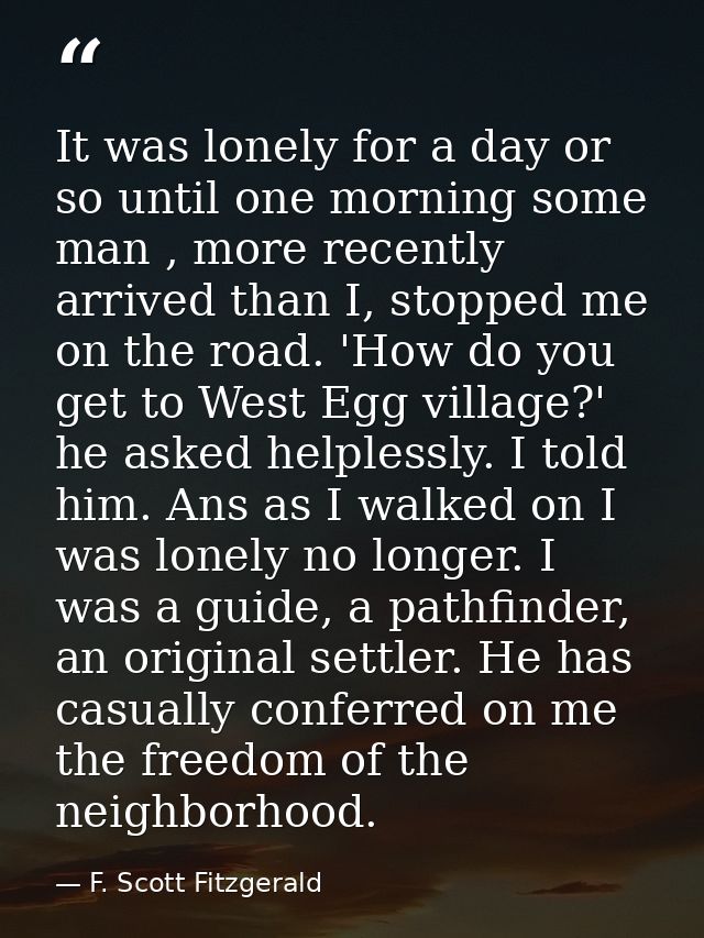 It was lonely for a day or so until one morning some man , more recently arrived than I, stopped me on the road. 'How do — F. Scott Fitzgerald