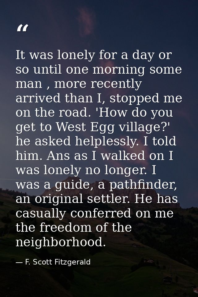 It was lonely for a day or so until one morning some man , more recently arrived than I, stopped me on the road. 'How do — F. Scott Fitzgerald
