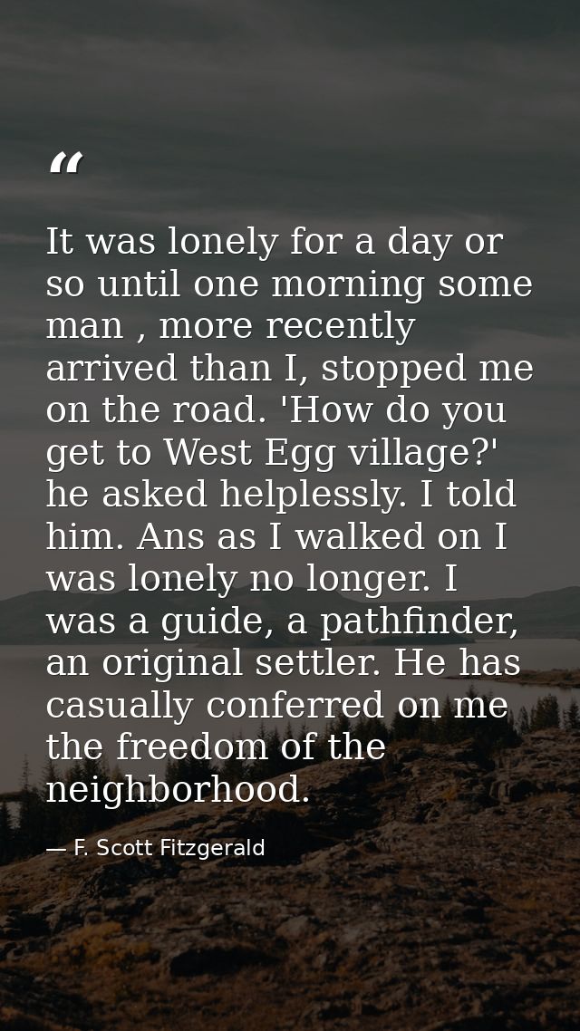 It was lonely for a day or so until one morning some man , more recently arrived than I, stopped me on the road. 'How do — F. Scott Fitzgerald