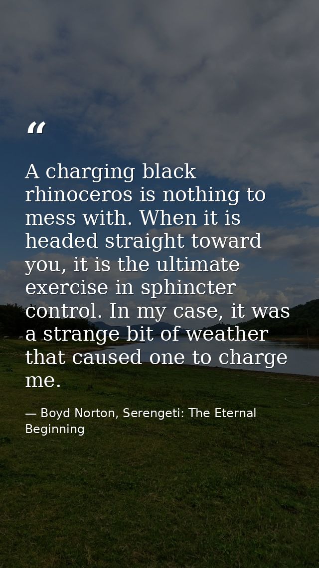 A charging black rhinoceros is nothing to mess with. When it is headed straight toward you, it is the ultimate exercise  — Boyd Norton, Serengeti: The Eternal Beginning