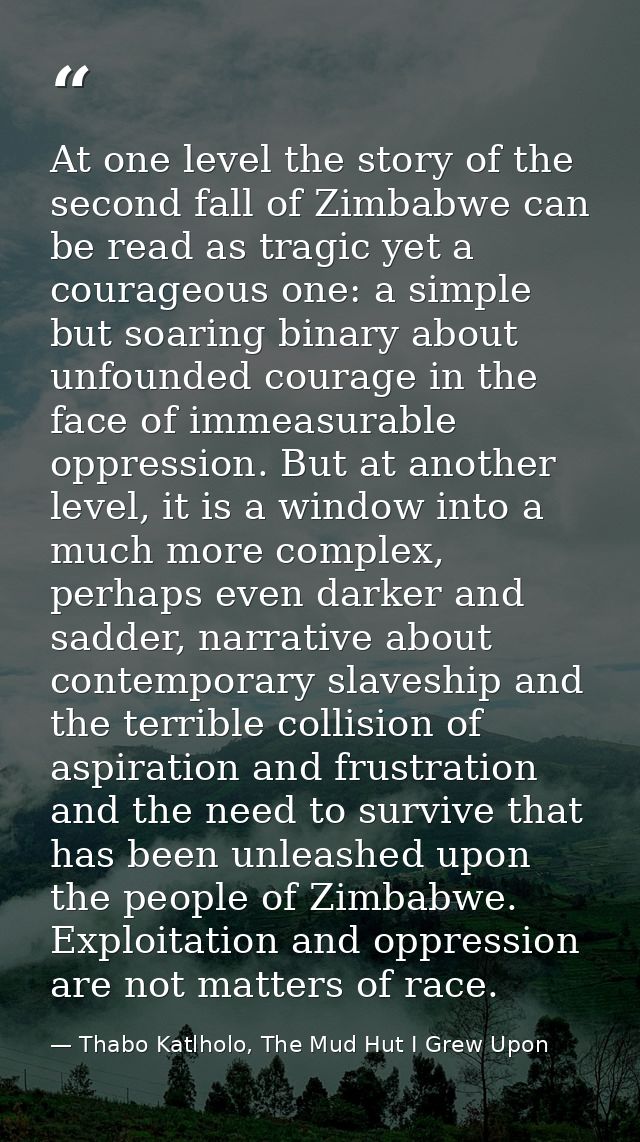 At one level the story of the second fall of Zimbabwe can be read as tragic yet a courageous one: a simple but soaring b — Thabo Katlholo, The Mud Hut I Grew Upon