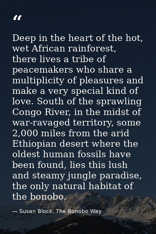 Deep in the heart of the hot, wet African rainforest, there lives a tribe of peacemakers who share a multiplicity of ple — Susan Block, The Bonobo Way