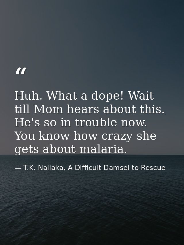 Huh. What a dope! Wait till Mom hears about this. He's so in trouble now. You know how crazy she gets about malaria. — T.K. Naliaka, A Difficult Damsel to Rescue