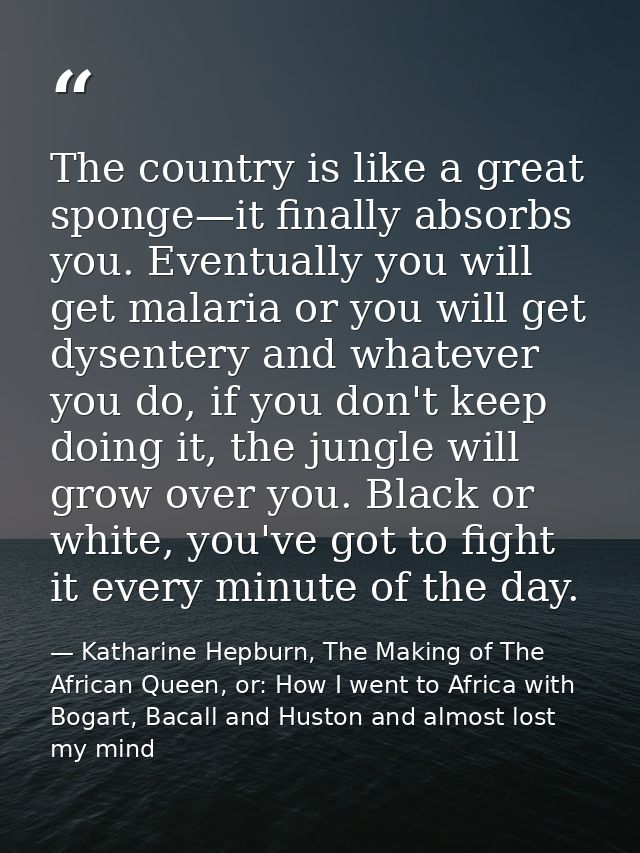 The country is like a great sponge—it finally absorbs you. Eventually you will get malaria or you will get dysentery and — Katharine Hepburn, The Making of The African Queen, or: How I went to Africa with Bogart, Bacall and Huston and almost lost my mind