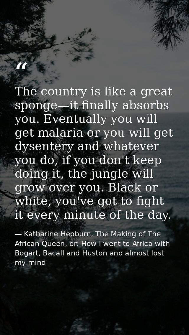 The country is like a great sponge—it finally absorbs you. Eventually you will get malaria or you will get dysentery and — Katharine Hepburn, The Making of The African Queen, or: How I went to Africa with Bogart, Bacall and Huston and almost lost my mind
