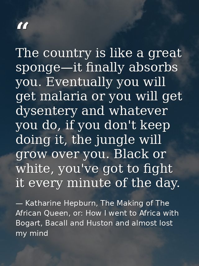 The country is like a great sponge—it finally absorbs you. Eventually you will get malaria or you will get dysentery and — Katharine Hepburn, The Making of The African Queen, or: How I went to Africa with Bogart, Bacall and Huston and almost lost my mind
