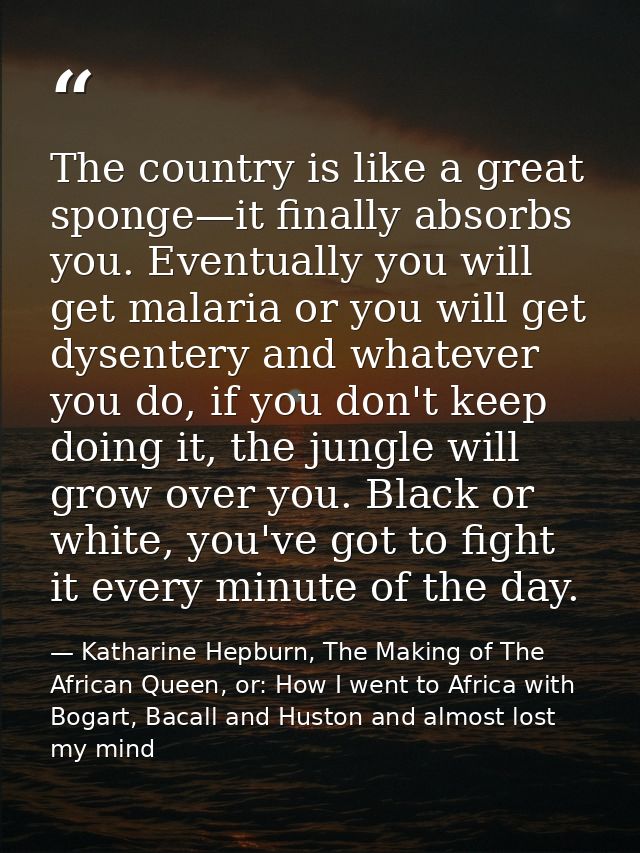 The country is like a great sponge—it finally absorbs you. Eventually you will get malaria or you will get dysentery and — Katharine Hepburn, The Making of The African Queen, or: How I went to Africa with Bogart, Bacall and Huston and almost lost my mind