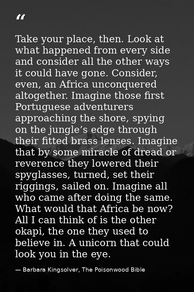 Take your place, then. Look at what happened from every side and consider all the other ways it could have gone. Conside — Barbara Kingsolver, The Poisonwood Bible