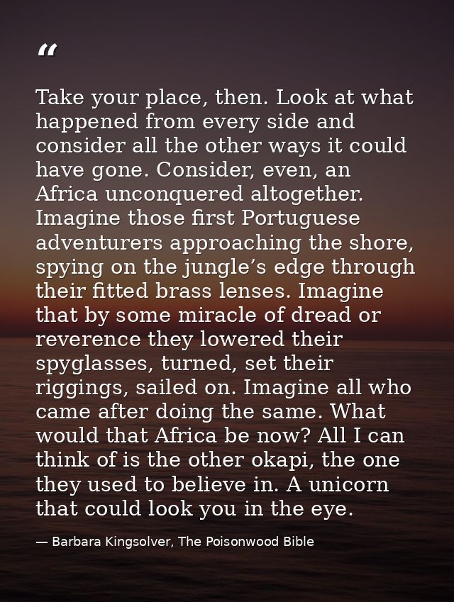 Take your place, then. Look at what happened from every side and consider all the other ways it could have gone. Conside — Barbara Kingsolver, The Poisonwood Bible