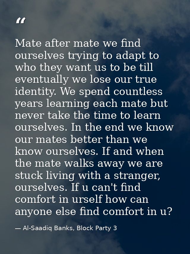Mate after mate we find ourselves trying to adapt to who they want us to be till eventually we lose our true identity. W — Al-Saadiq Banks, Block Party 3