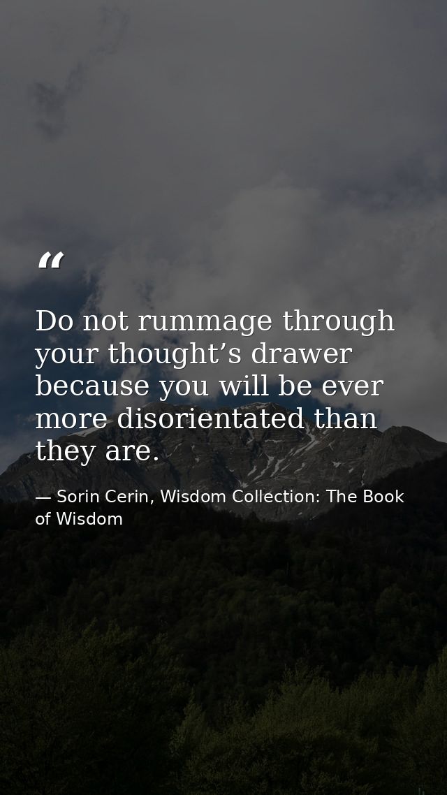 Do not rummage through your thought’s drawer because you will be ever more disorientated than they are. — Sorin Cerin, Wisdom Collection: The Book of Wisdom