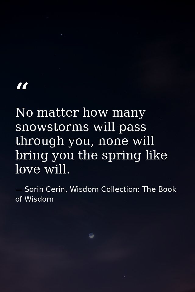 No matter how many snowstorms will pass through you, none will bring you the spring like love will. — Sorin Cerin, Wisdom Collection: The Book of Wisdom